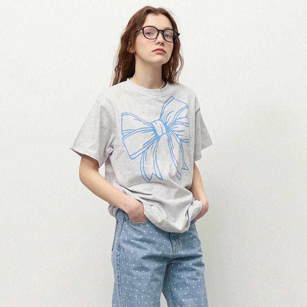 RONRON BIG RIBBON LINE T SHIRT - WHITE MELANGE