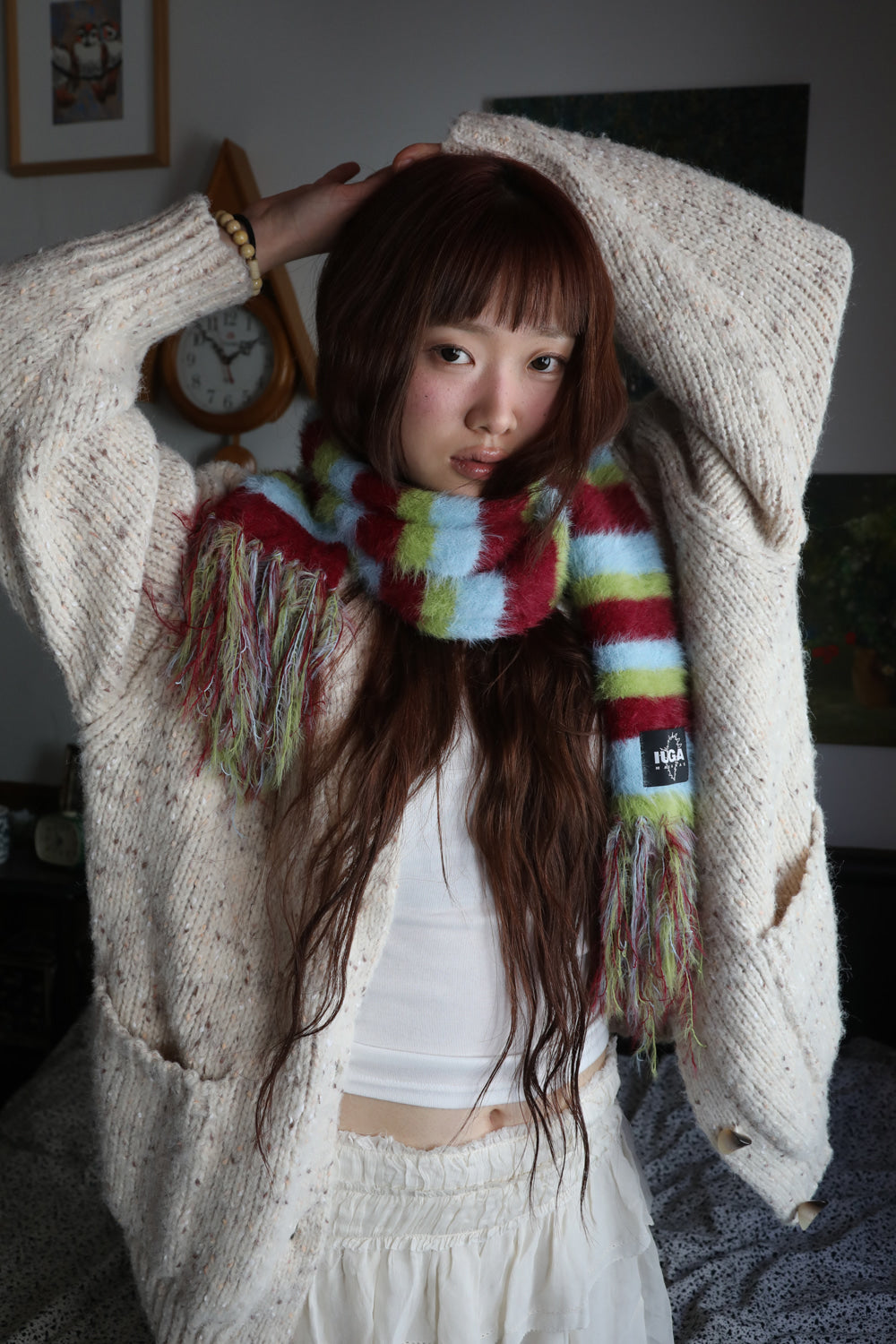 IUGA Striped Hairy Bold Muffler (Burgundy)