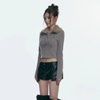 GILA ARCHIVE FUR COLLAR GRAPHIC KNIT ZIP-UP_BROWN