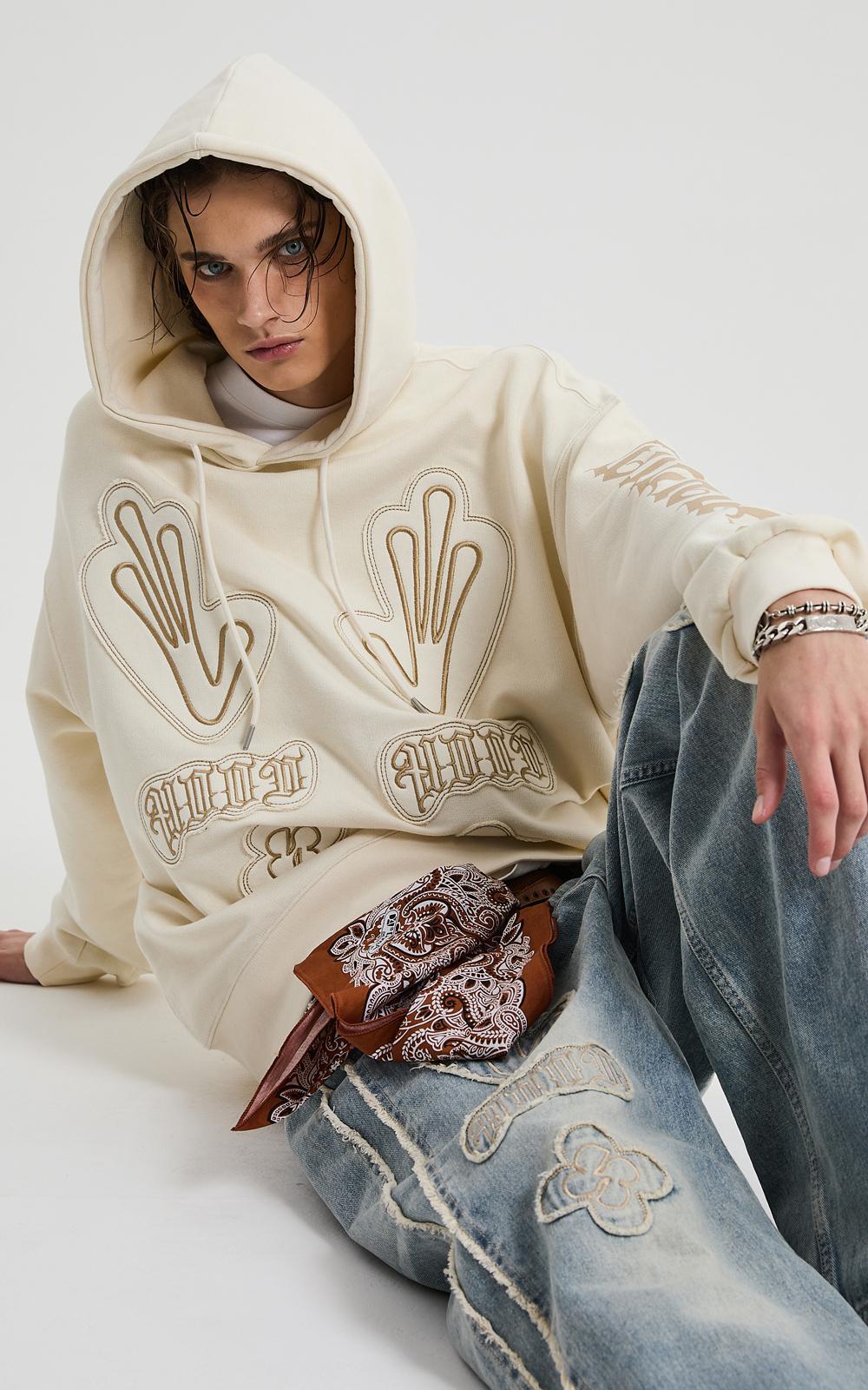 HOODHOOD Multi Logo Applique Hoodie / ivory