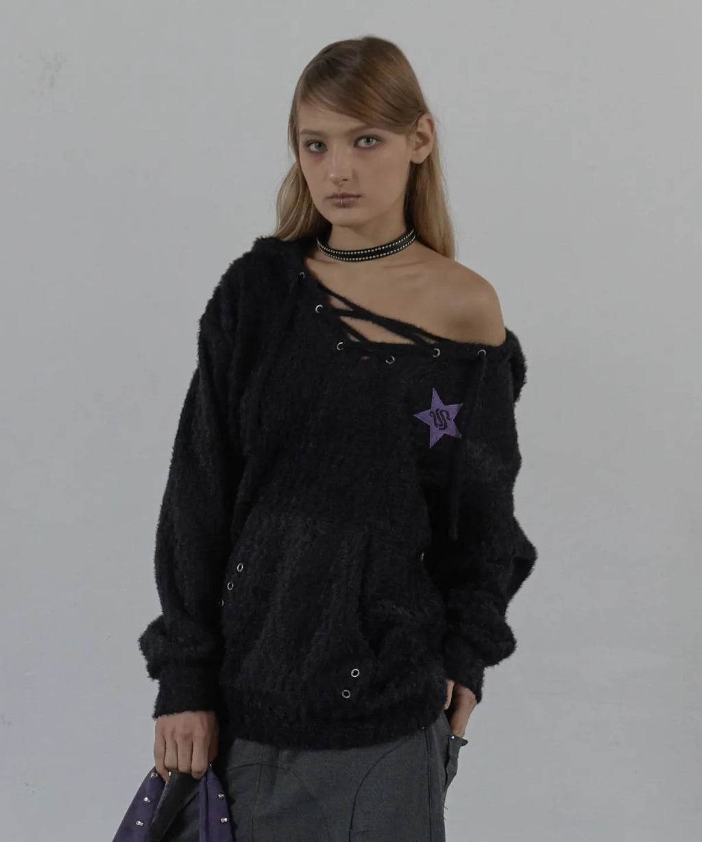 SETUPEXE HAIRY V-NECK HOODIE / BLACK