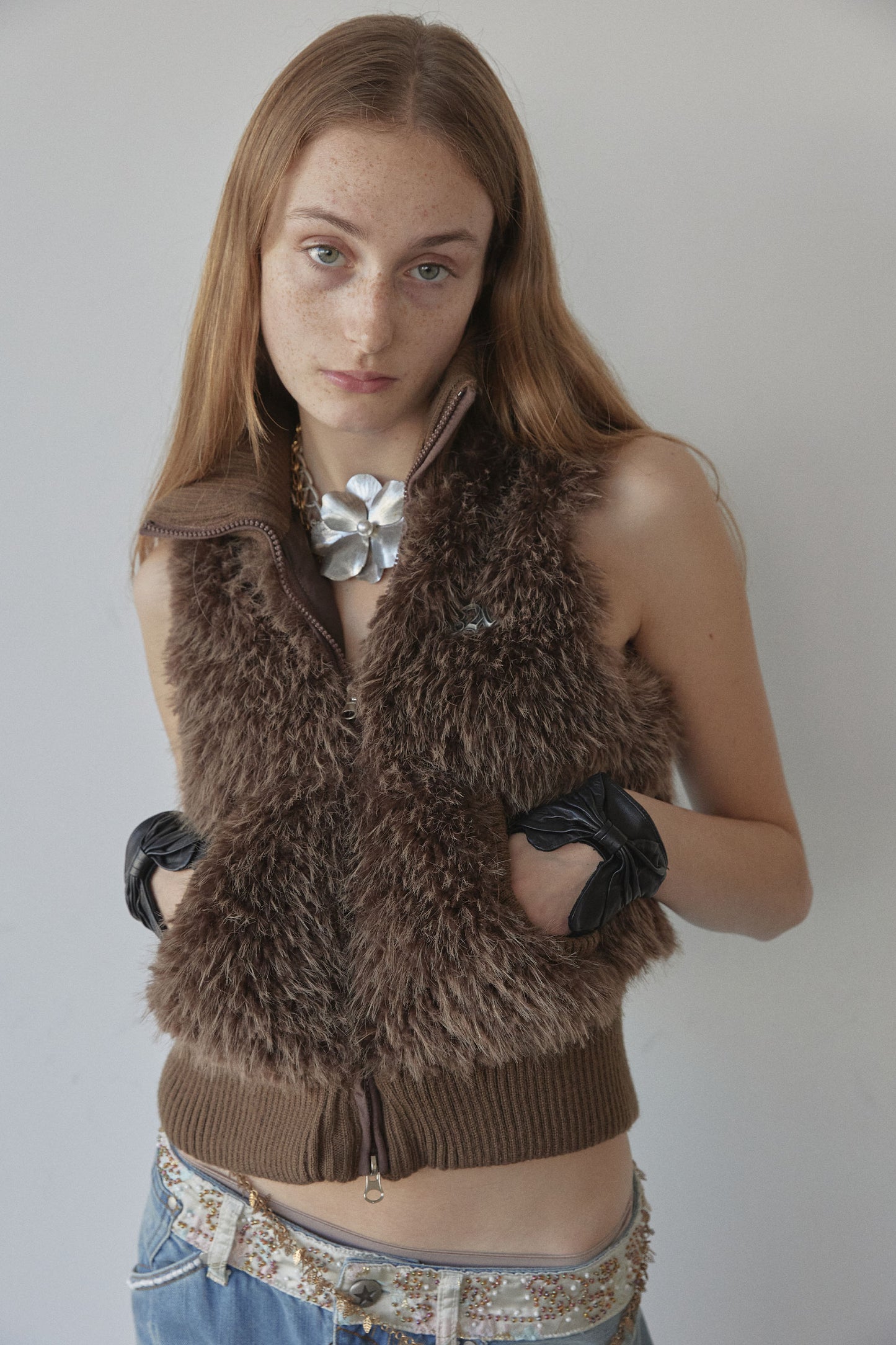 Sculptor Faux Fur Zip-Up Vest Brown