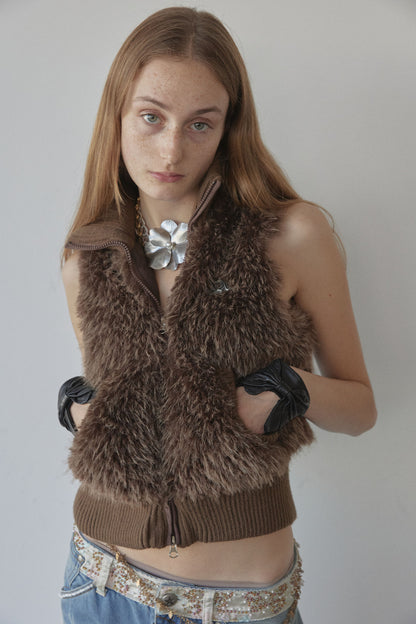 Sculptor Faux Fur Zip-Up Vest Brown