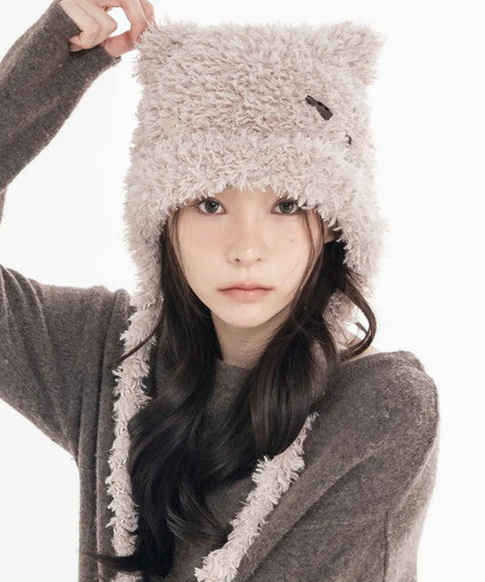 MIX STRAP FLUFFY CAT BEANIE_BEIGE