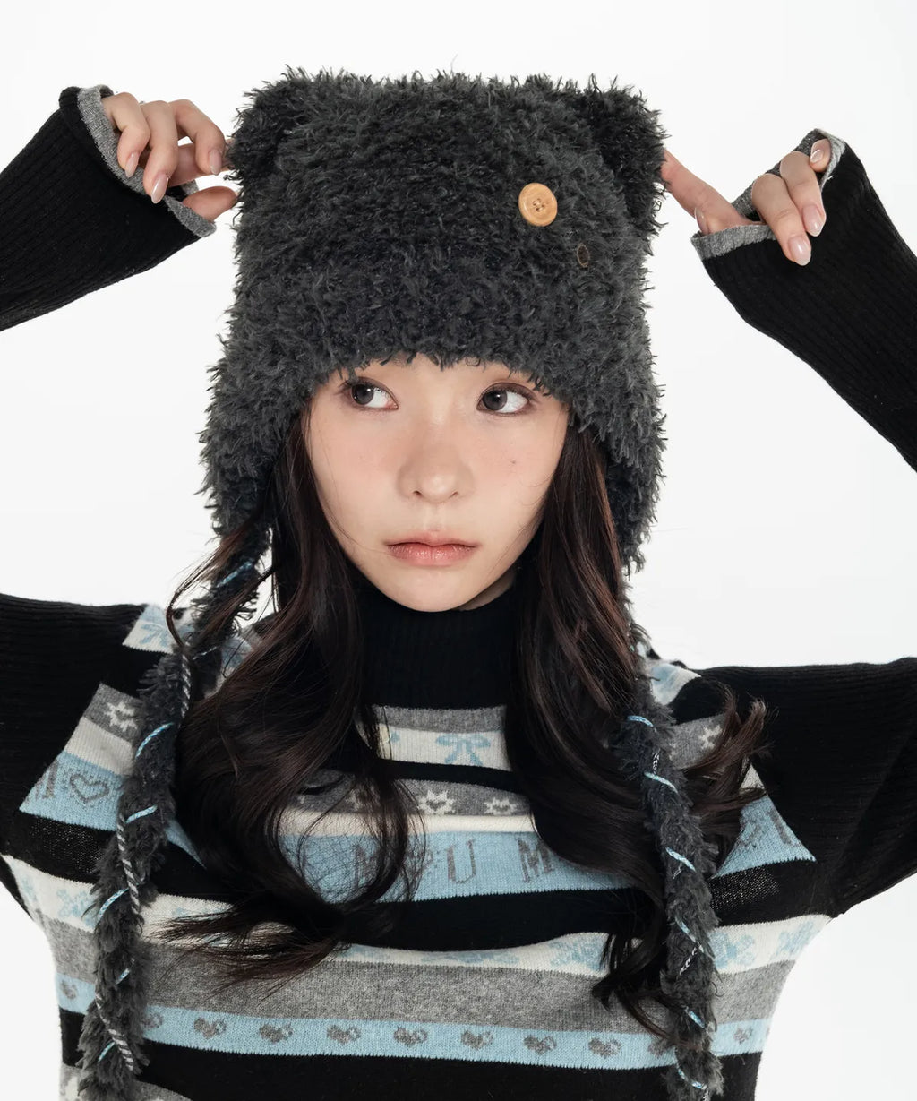MIX STRAP FLUFFY CAT BEANIE_CHARCOAL