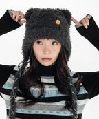 MIX STRAP FLUFFY CAT BEANIE_CHARCOAL