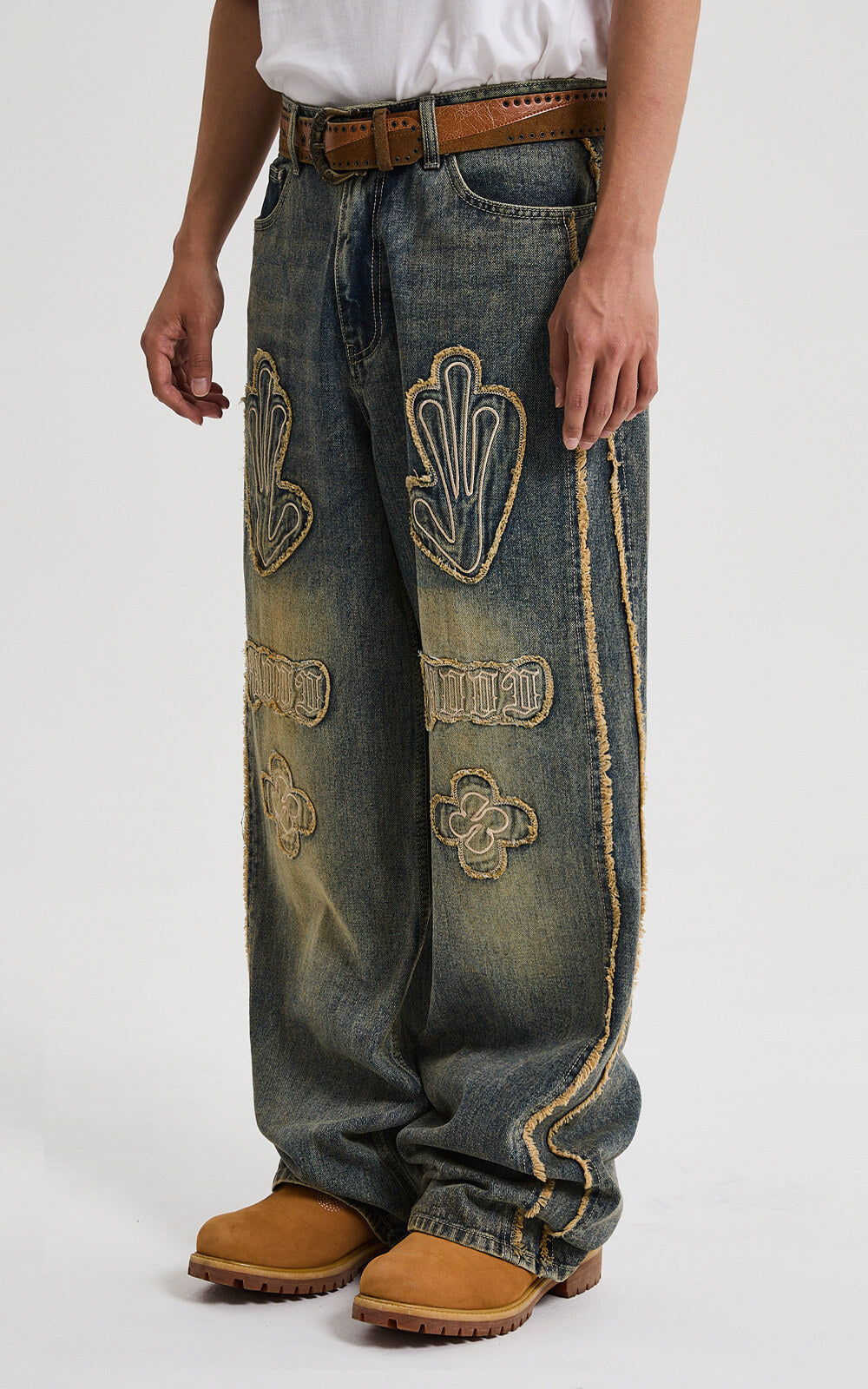 HOODHOOD Multi Logo Applique Yellow Washed Denim Pants / Deep Blue