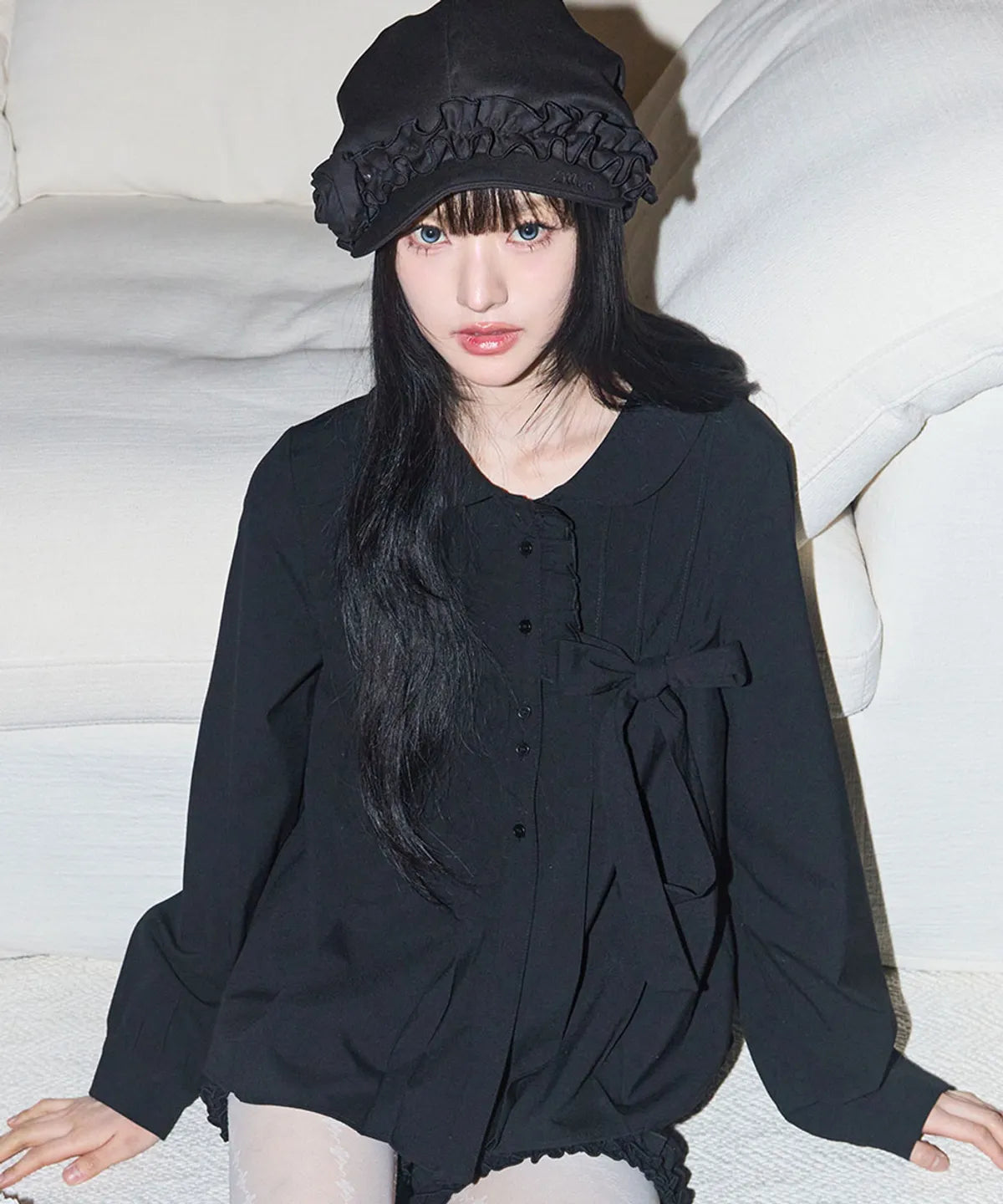 [illigo] RIBBON PLEATS BLOUSE_BLACK