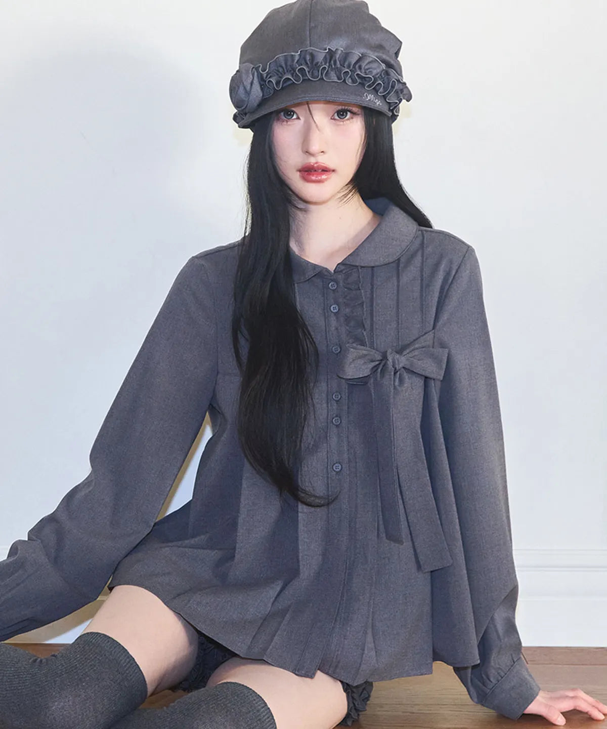 [illigo] RIBBON PLEATS BLOUSE_GREY