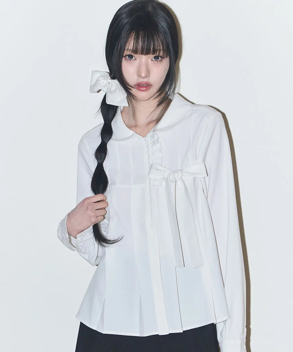 [illigo] RIBBON PLEATS BLOUSE_WHITE