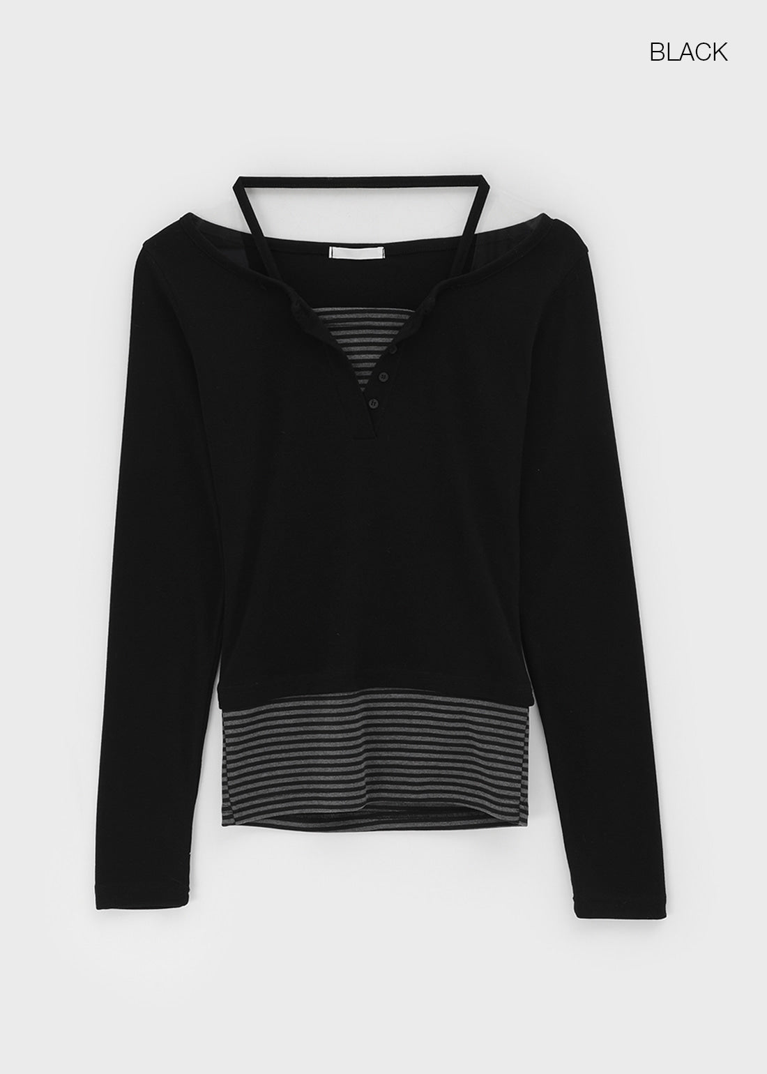 [kr] Vining Layered Stripe Halter Henley Long Sleeve Tee / 2colors