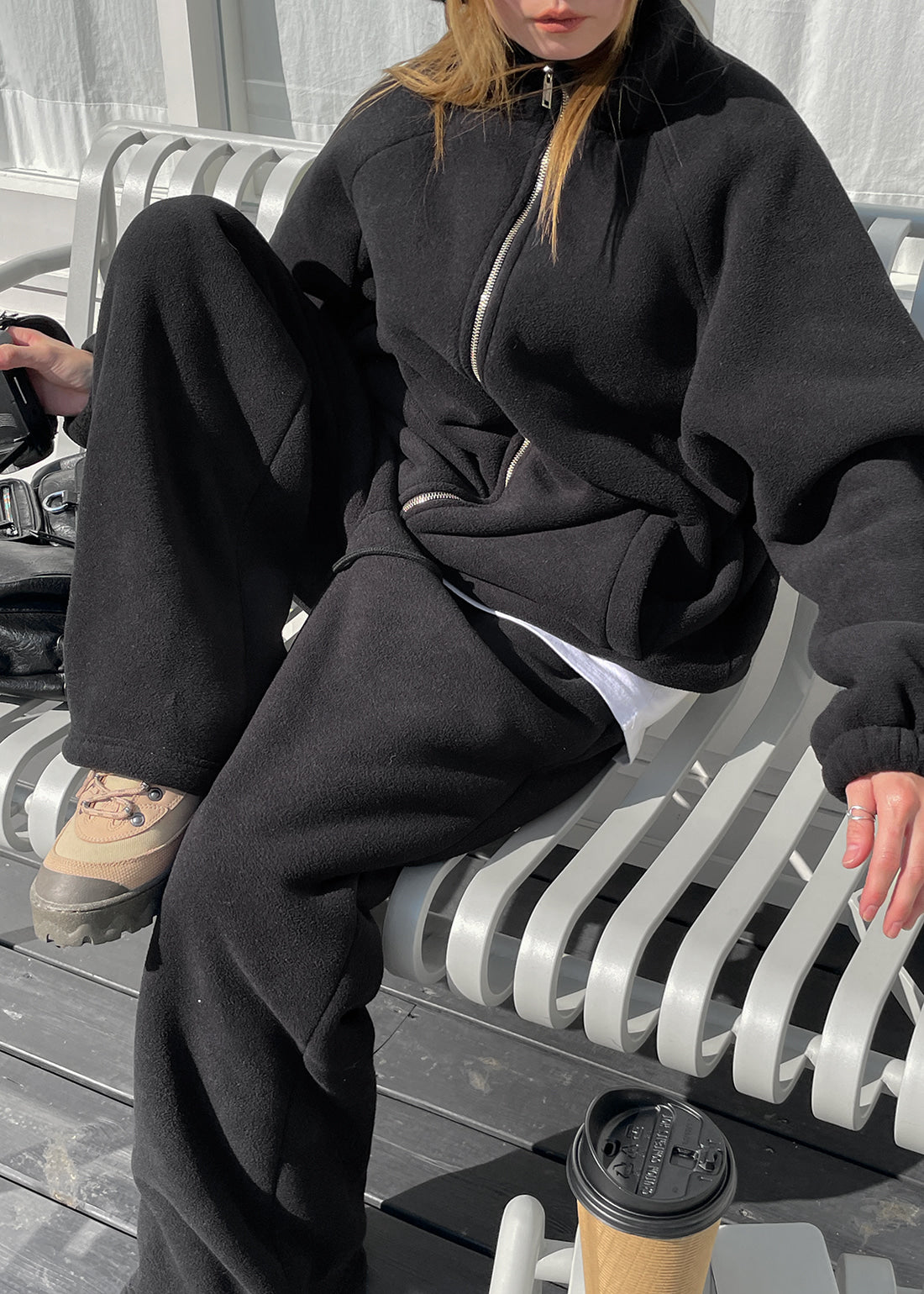 [WARM♨️] 韓國製造 Snowing Fleece 2-Way Zip-up Set / Black