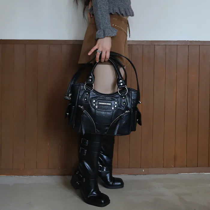 IUGA Studded Leather Mini Shoulder Bag (Black)
