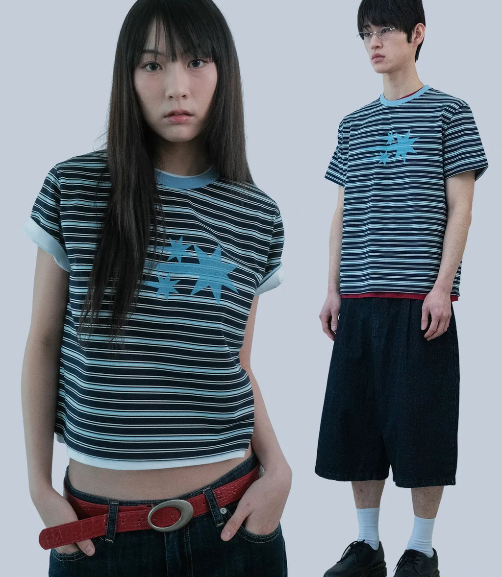 niceghostclub stripe 3star basic ringer tee [navy]
