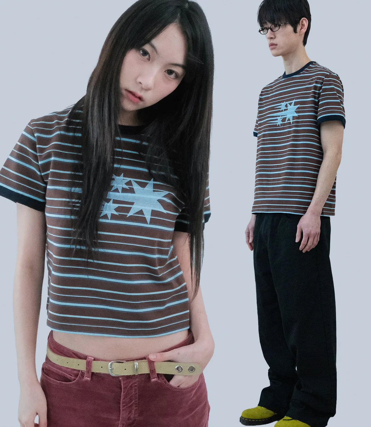 niceghostclub stripe 3star basic ringer tee [brown]