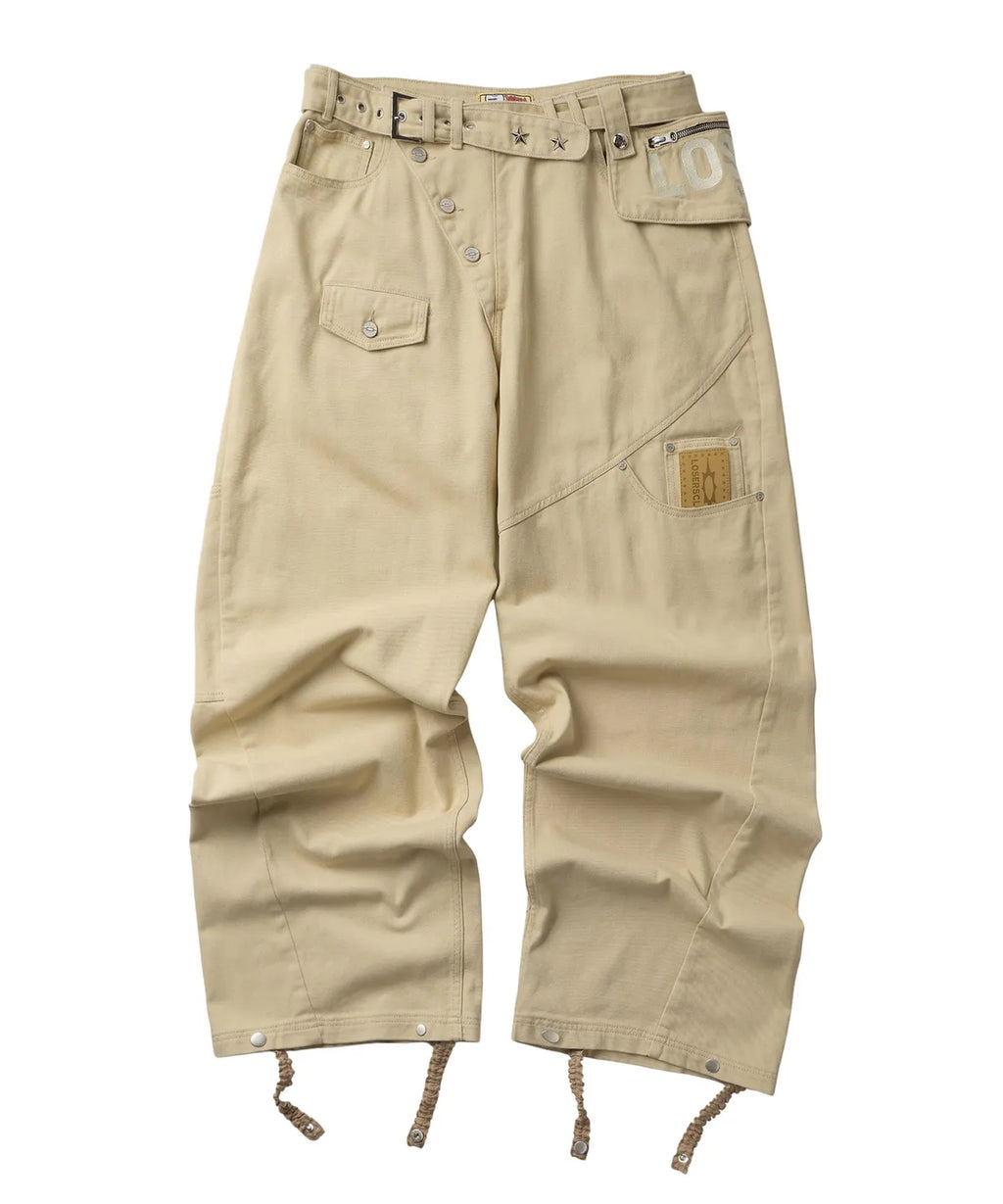[LSC] Cross Button Wide Cotton Belt Bag Pants - 3 Colors