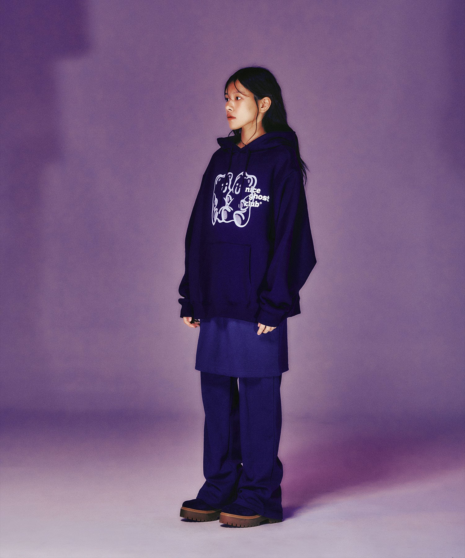 niceghostclub LOGO SWEAT LAYERED PANTS [NAVY]