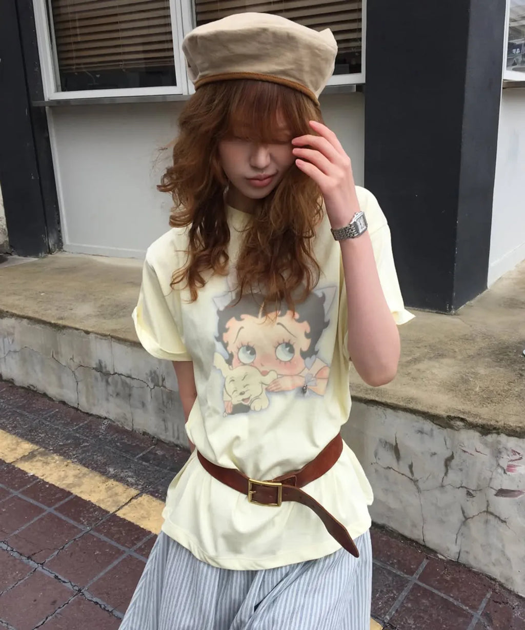 [RONRON] BETTY BOOP RIBBON BASIC FIT T SHIRT_SOFT YELLOW