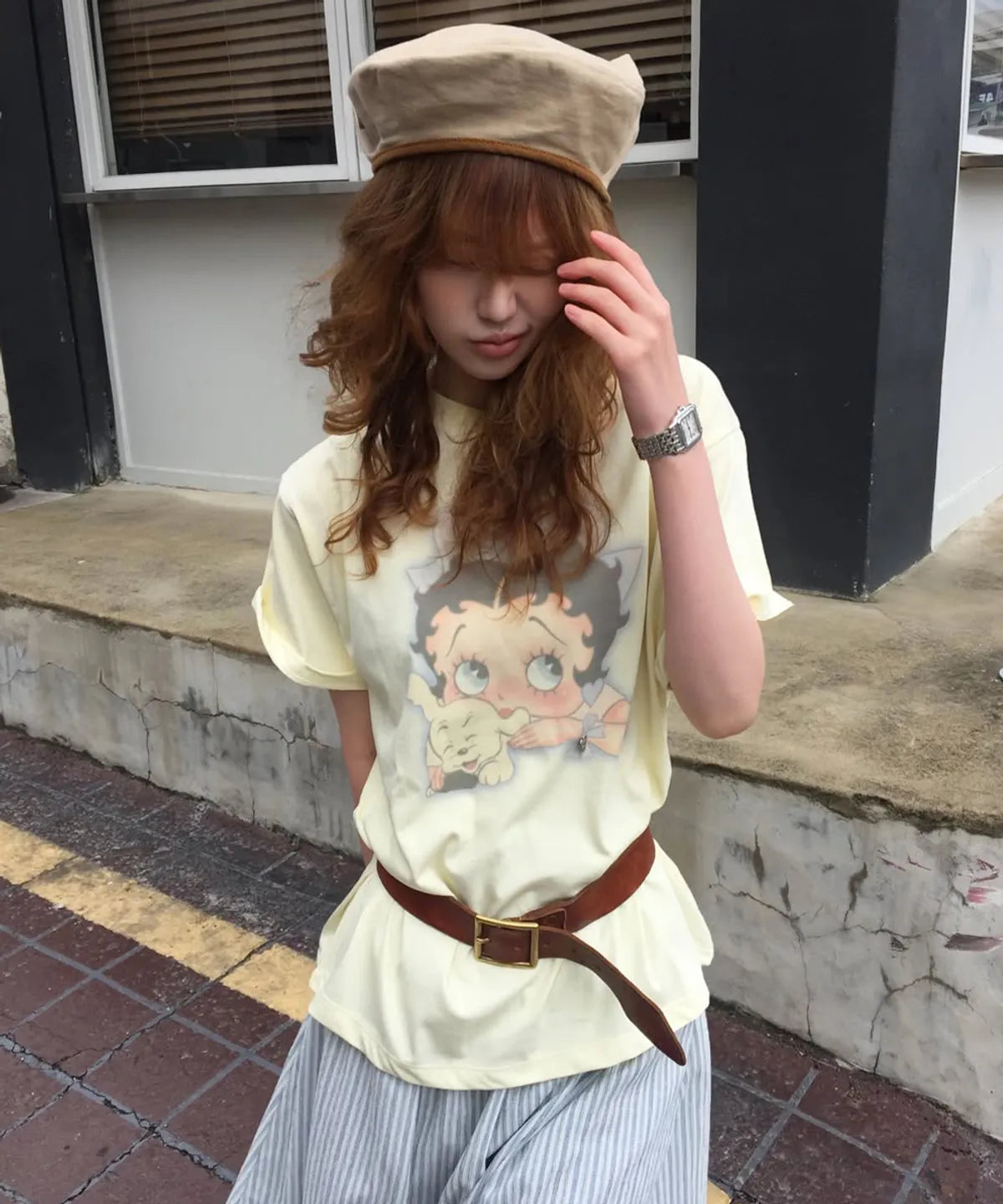 [RONRON] BETTY BOOP RIBBON BASIC FIT T SHIRT_SOFT YELLOW