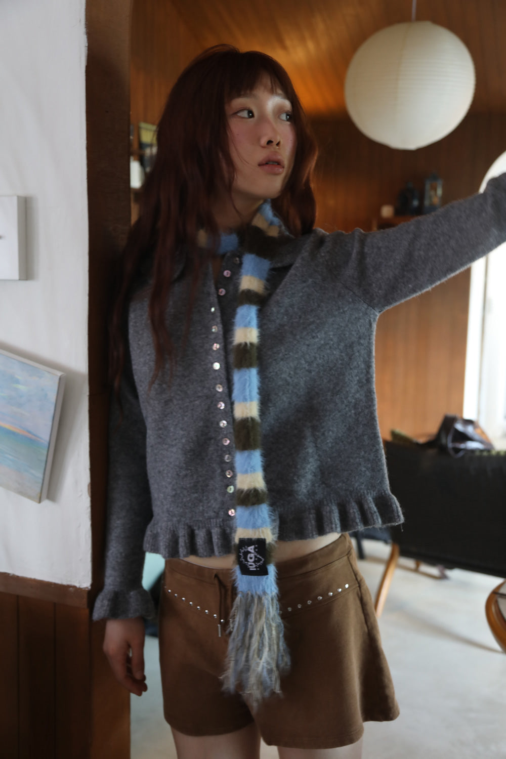 IUGA Striped Hairy Skinny Muffler (Sky Blue)