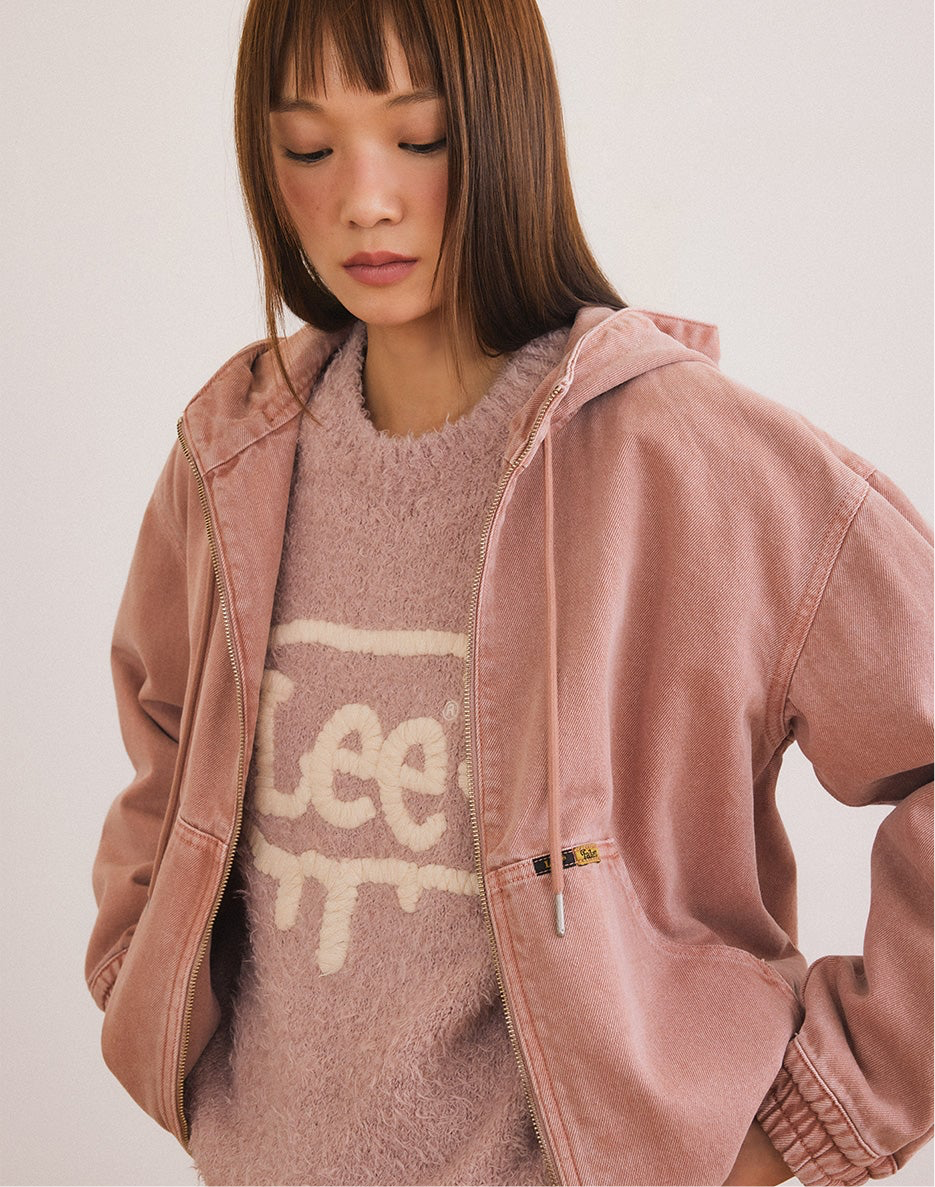 [Fallett x Lee] Washed Denim Hoodie Zip-Up / pink