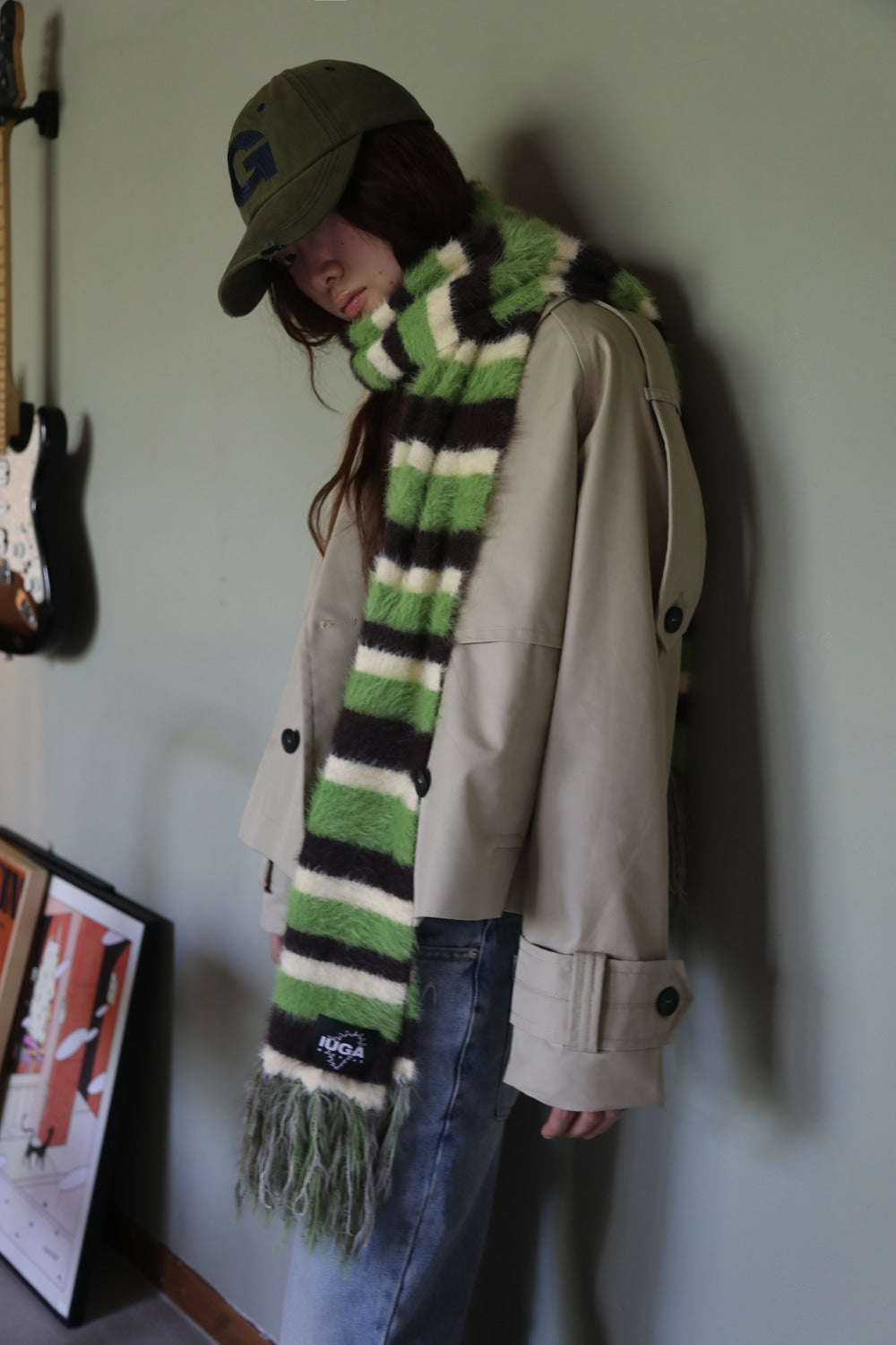 IUGA Striped Hairy Bold Muffler (Green)