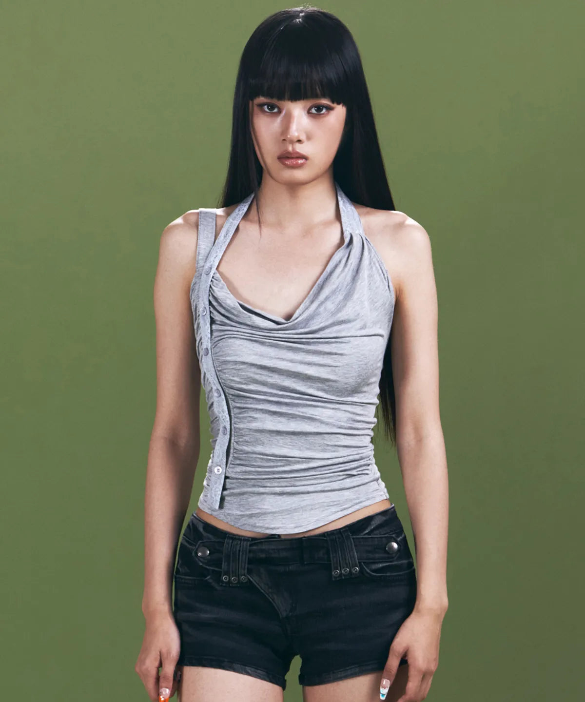 [PLEASNOFOLLOW] HUSH BUTTON HALTER SLEEVELESS TOP_4 COLORS