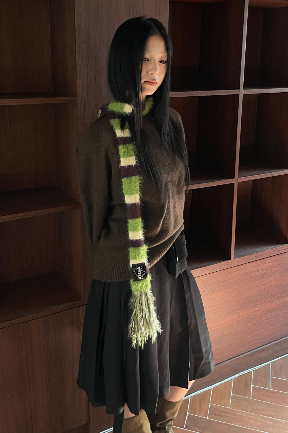 IUGA Striped Hairy Skinny Muffler (Green)