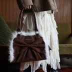 IUGA Ribbon Fur Suede Shoulder Bag (Brown)