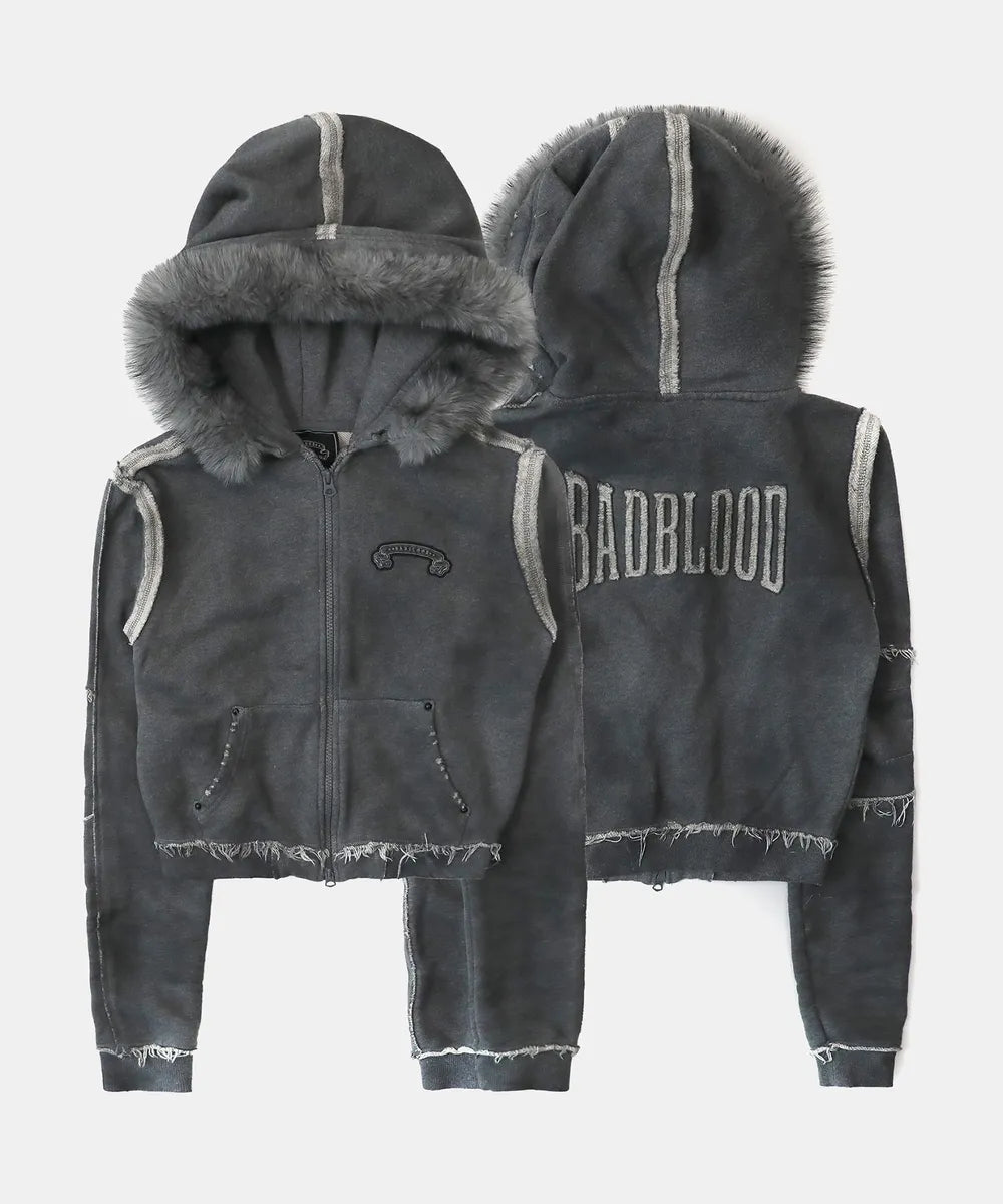 Low Edge Detachable Fur Hood Zip-Up Slim Fit - Washed Grey