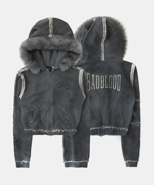 Low Edge Detachable Fur Hood Zip-Up Slim Fit - Washed Grey