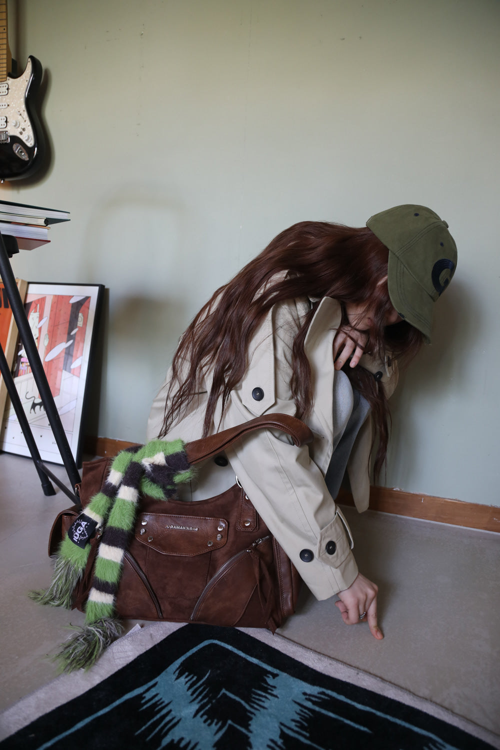 IUGA Striped Hairy Skinny Muffler (Green)