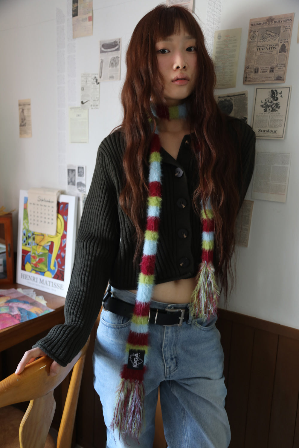 IUGA Striped Hairy Skinny Muffler (Burgundy)