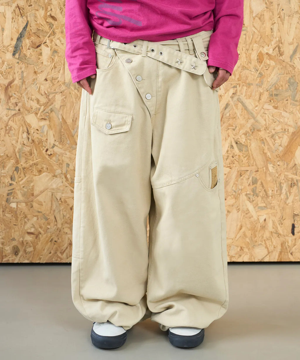 [LSC] Cross Button Wide Cotton Belt Bag Pants - 3 Colors