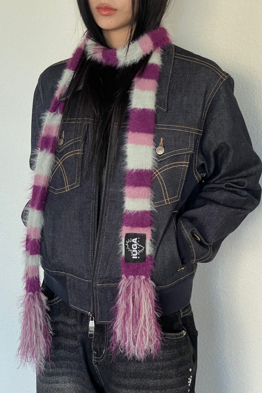 IUGA Striped Hairy Skinny Muffler (Magenta)