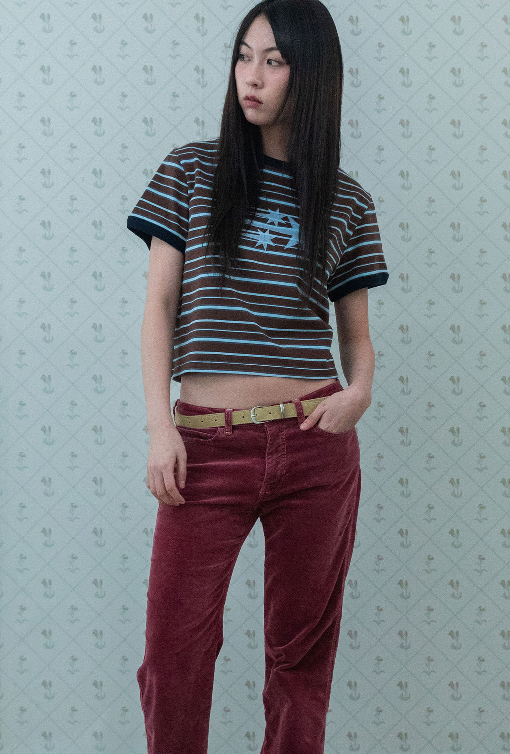 niceghostclub stripe 3star basic ringer tee [brown]