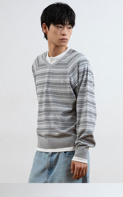 MULTI STRIPE 3STAR V NECK KNIT [GREY]