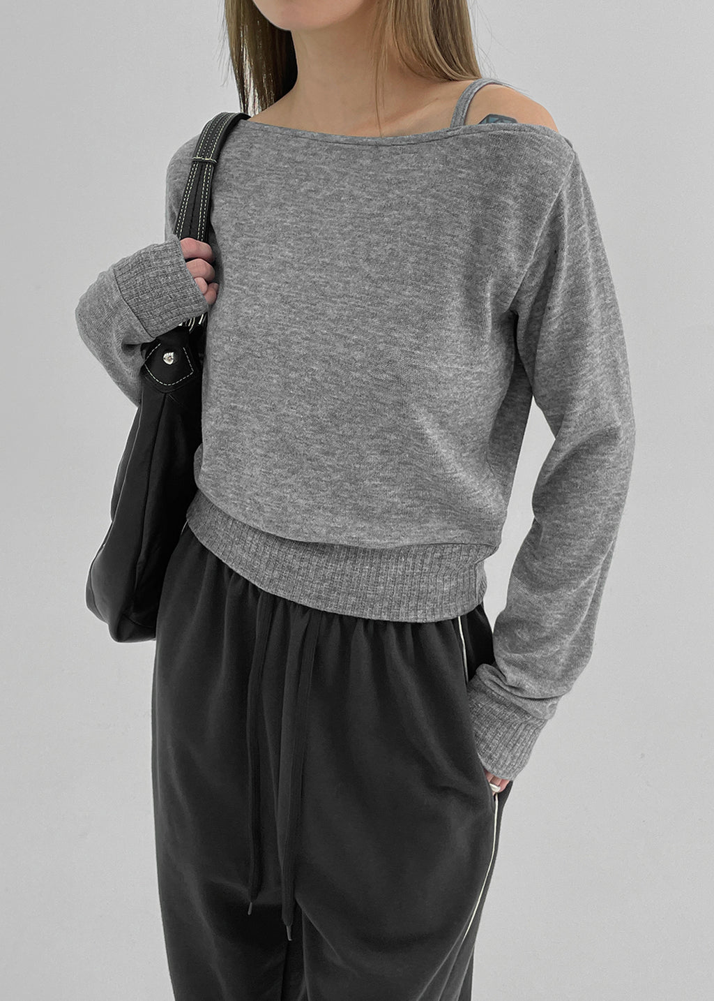 韓國製造 One-Shoulder Knit LS / Melange Grey