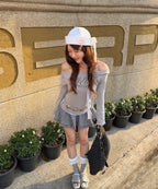 LETERIE LETTERING OFF-SHOULDER TIE LONG SLEEVE_GREY