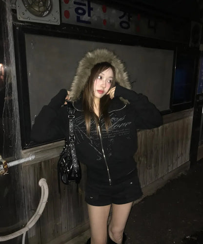 NASTY FANCY RUTHLESS FUR HOODED ZIP-UP (BLACK)