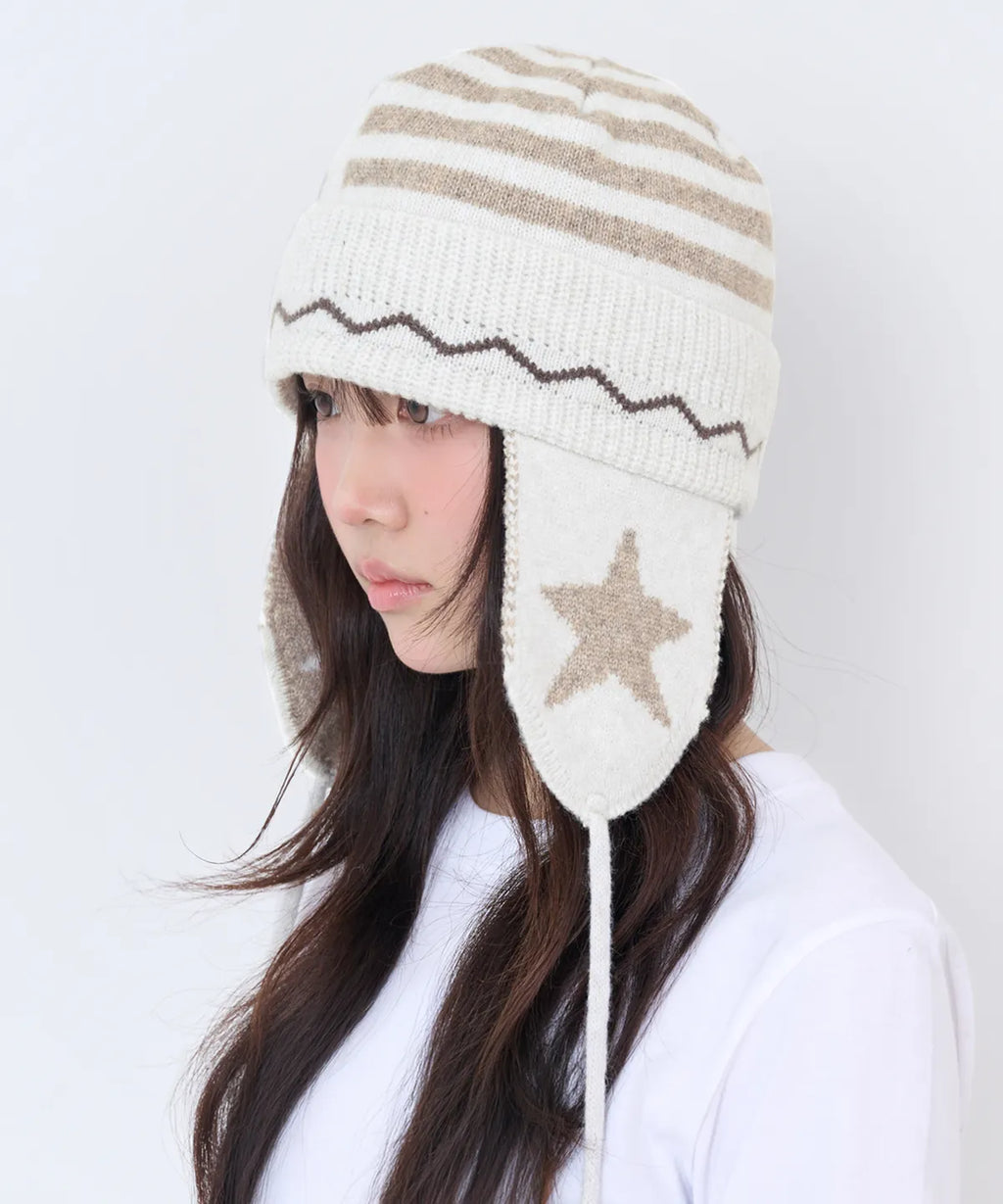 [video jockey] Vikey Star Knit Earflap Beanie - 3colors