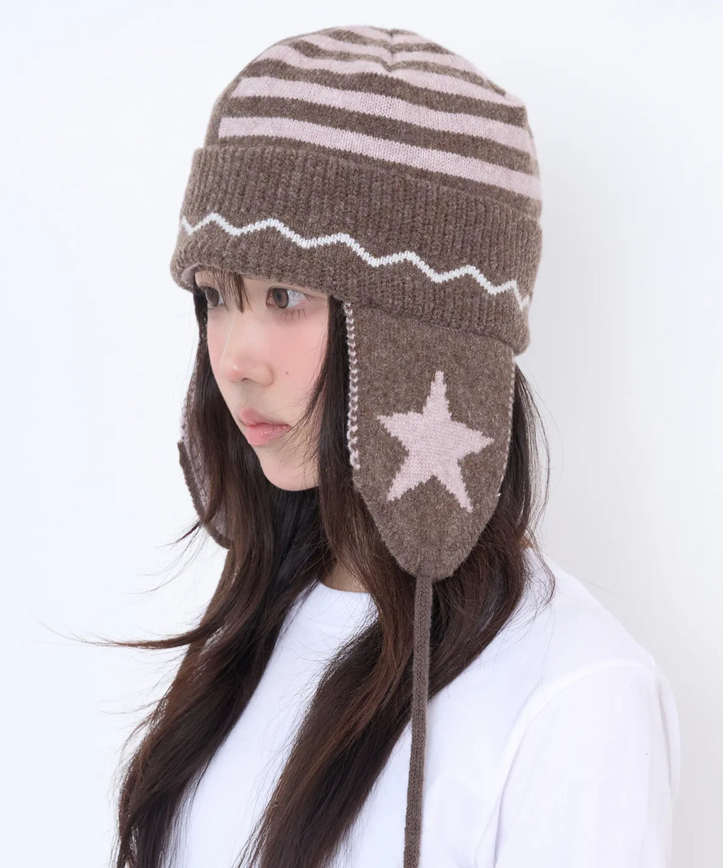 [video jockey] Vikey Star Knit Earflap Beanie - 3colors