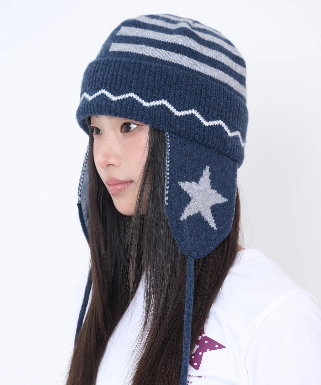 [video jockey] Vikey Star Knit Earflap Beanie - 3colors