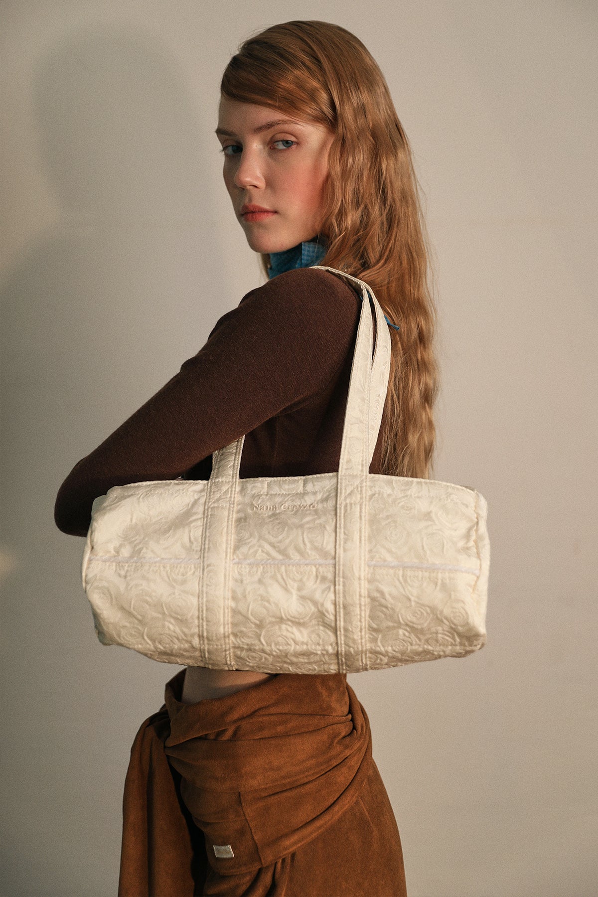 NANACREW MINI DUFFLE BAG - ROSE JACQUARD IVORY SATIN