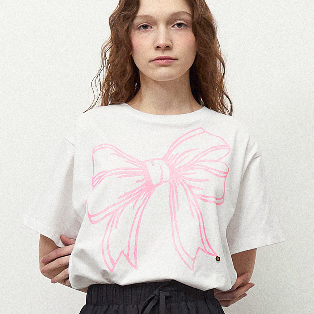 RONRON BIG RIBBON LINE T SHIRT - WHITE PINK