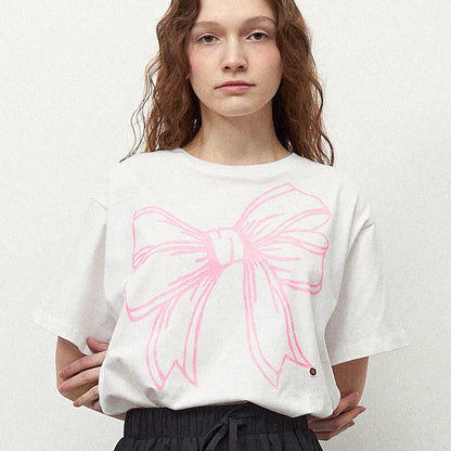 RONRON BIG RIBBON LINE T SHIRT - WHITE PINK