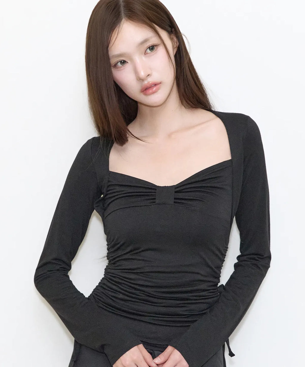 [illigo] BOW BOLERO SHIRRING TOP_BLACK