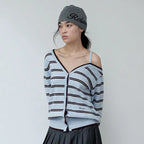 [rolarola] ONE OFF SHOULDER STRIPE WOOL BLENDED CARDIGAN - 4 COLORS