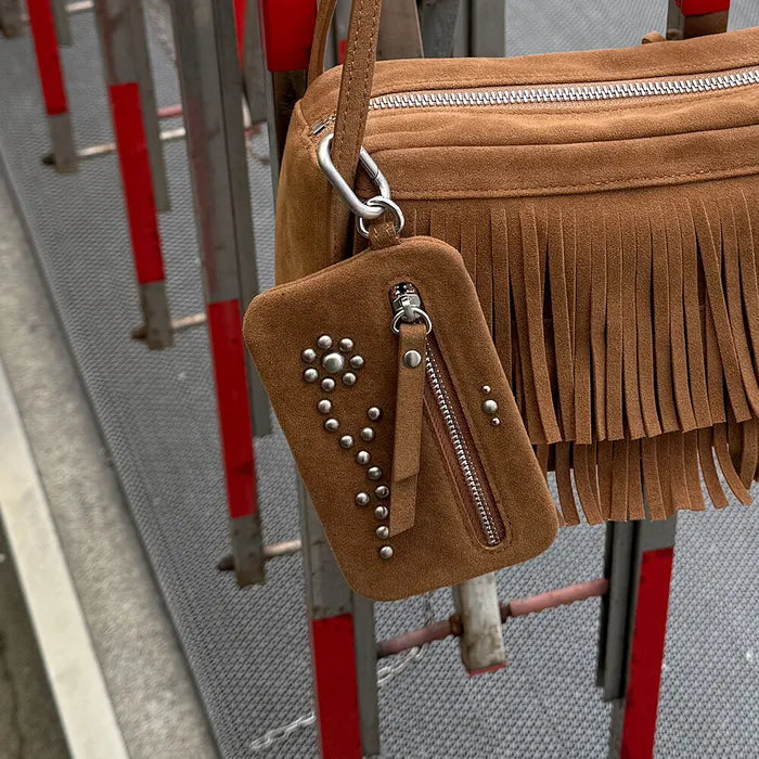 FINDKAPOOR FLOWER STUD FLAT POUCH - SUEDE CAMEL