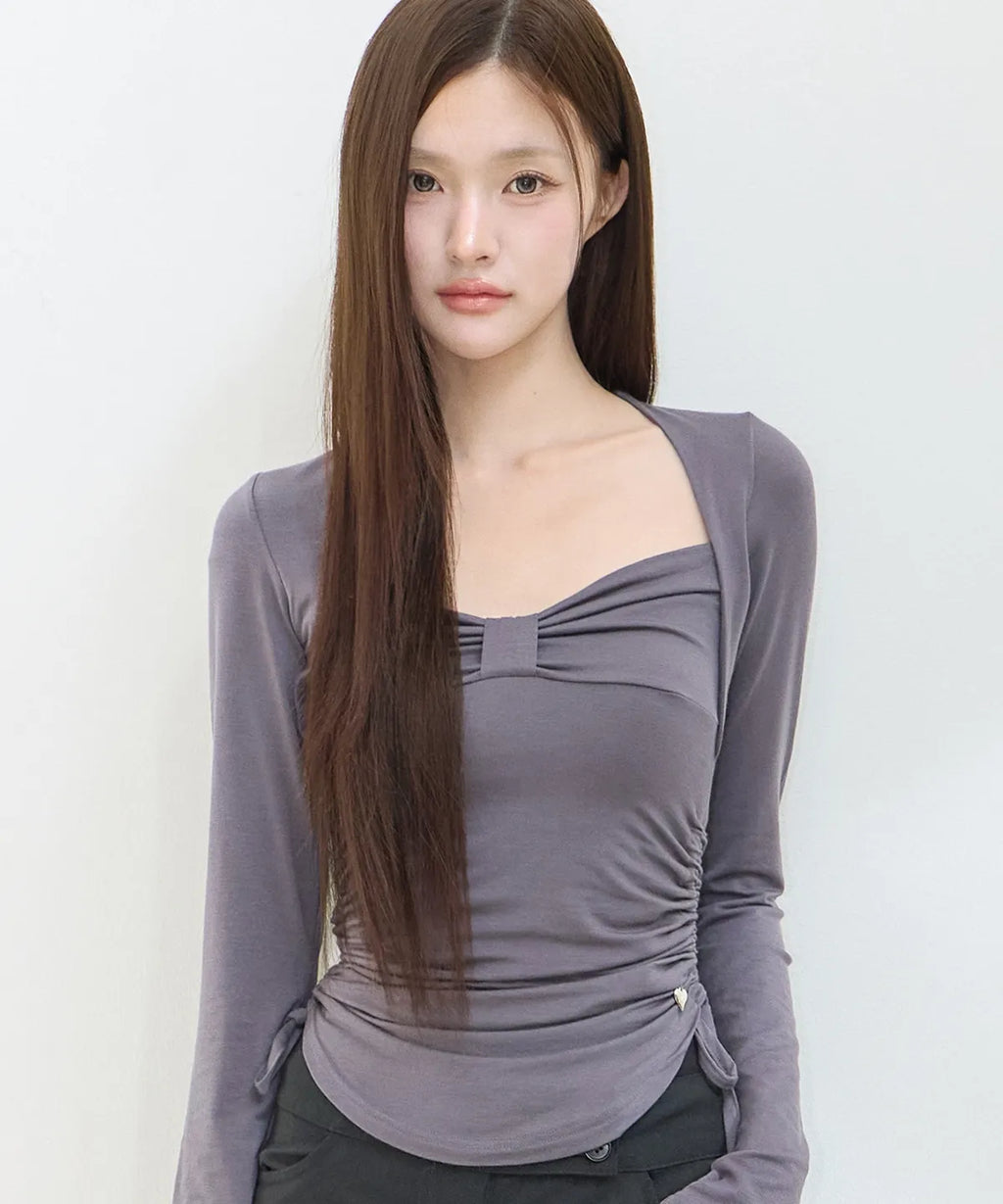 [illigo] BOW BOLERO SHIRRING TOP_CHARCOAL